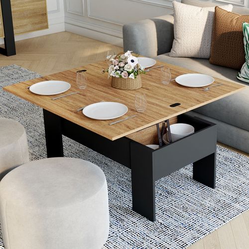 Table Basse Plateau Relevable Rectangulaire Tara Bois Noir Et Imitation Hêtre