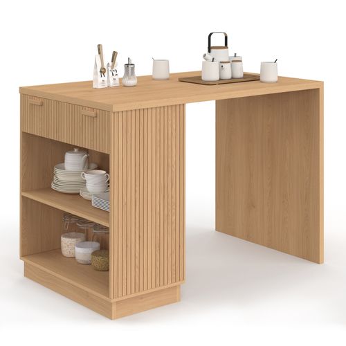 Ilot Central Mange-debout 4 Personnes Juliette 130 Cm Lattes Tasseau Bois Coloris Chêne