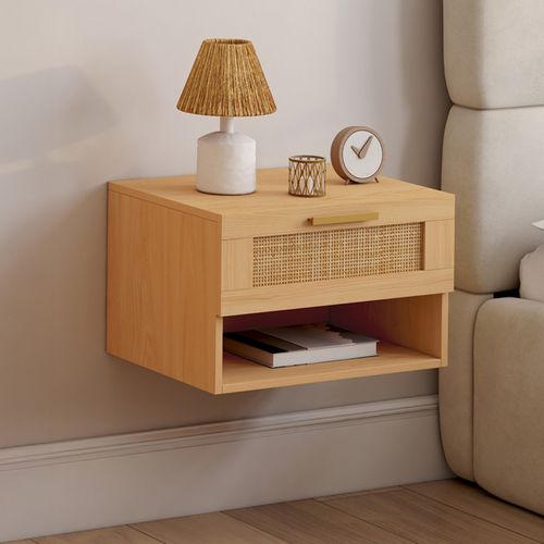 Lot De 2 Tables De Chevet Murales Robert 1 Tiroir Avec Niche Effet Naturel Cannage Et Bois