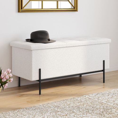 Banc Coffre Rangement Louis Pieds Métal Noir 100 Cm Tissu Bouclette Blanc