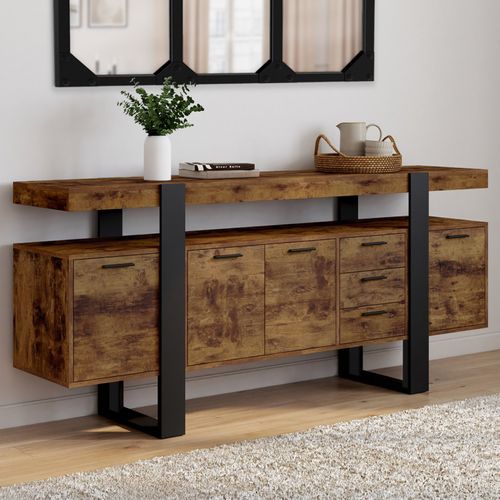 Buffet 180 Cm Phoenix XXL 4 Portes Avec 3 Tiroirs Bois Effet Vieilli Et Noir