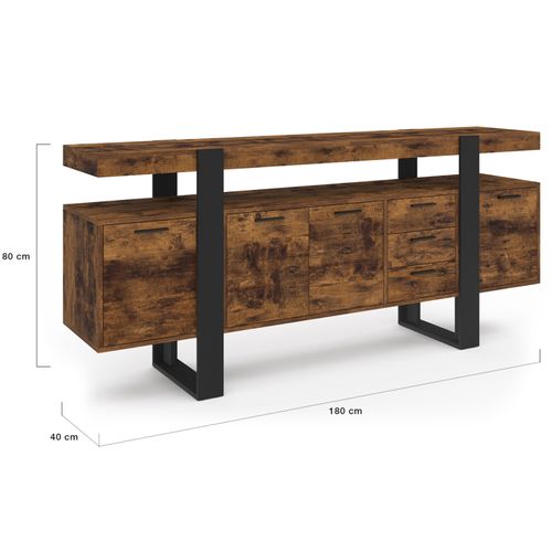 Buffet 180 Cm Phoenix XXL 4 Portes Avec 3 Tiroirs Bois Effet Vieilli Et Noir