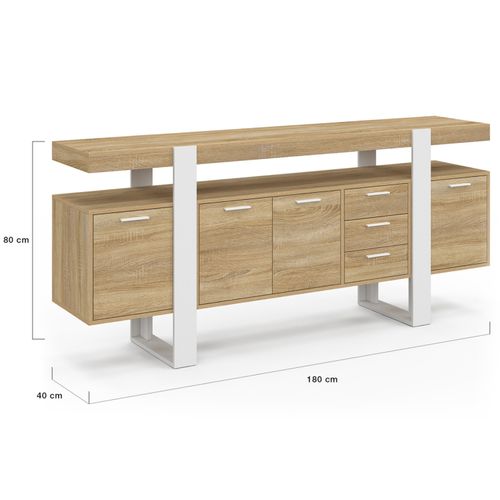 Buffet 180 Cm Phoenix XXL 4 Portes Avec 3 Tiroirs Bois Et Blanc