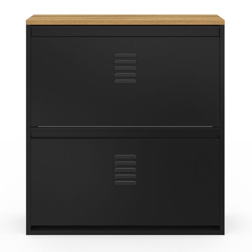 Meuble à Chaussures 12 Paires Ester 2 Portes Métal Noir Et Plateau Façon Hêtre Design Industriel