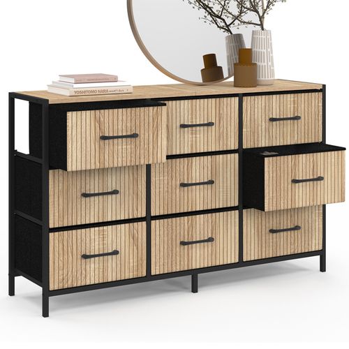 Commode 9 Tiroirs En Tissu Utah 115 Cm Effet Lattes Meuble De Rangement Design Industriel