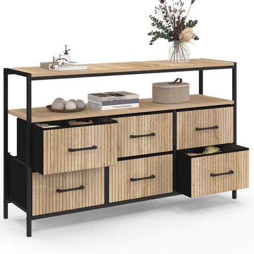 Commode 6 Tiroirs En Tissu Utah 115 Cm Avec Niche Effet Lattes Meuble De Rangement Design Industriel