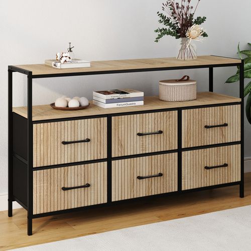 Commode 6 Tiroirs En Tissu Utah 115 Cm Avec Niche Effet Lattes Meuble De Rangement Design Industriel