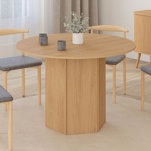 Table à Manger Ronde Berthe 6 Personnes Pied Hexagonal Bois Effet Hêtre 110 Cm