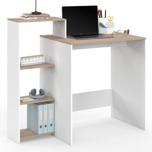 Bureau Avec Étagères Modulables Latérales Lilian Bois Façon Hêtre Et Blanc