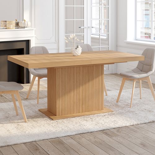 Table à Manger Extensible Rectangle Juliette 6-10 Personnes Pied Central Effet Lattes Avec Rangement