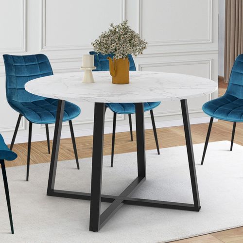 Table à Manger Fixe Ronde Selma 4-6 Personnes Plateau Effet Marbre Blanc Alaska Et Noir 110 Cm