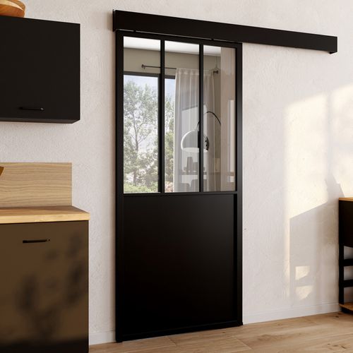 Kit Porte Coulissante Verrière Verre Trempé 93 Cm En Métal + Mdf Avec Rail Et Fixations