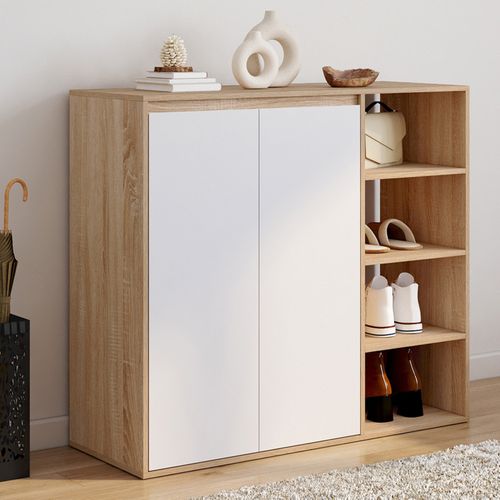Meuble à Chaussures Juliette 12 Paires - 2 Portes Effet Lattes Bois Chêne, 60x24x80 Cm, Rangement Entrée Compact