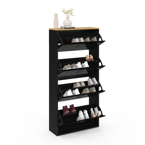 Meuble à Chaussures 24 Paires Maxi Capacité Ester 4 Portes Métal Noir Et Plateau Façon Hêtre Design
