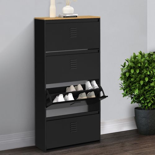 Meuble à Chaussures 24 Paires Maxi Capacité Ester 4 Portes Métal Noir Et Plateau Façon Hêtre Design