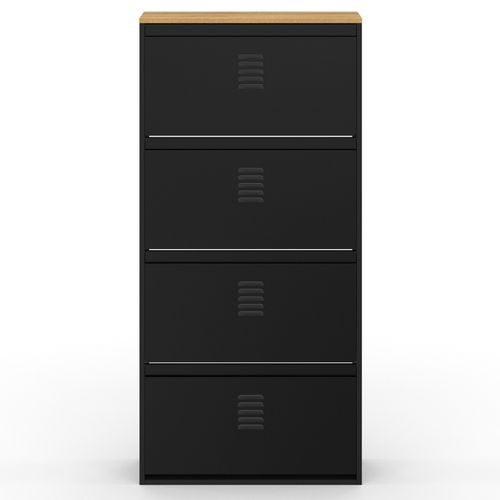 Meuble à Chaussures 24 Paires Maxi Capacité Ester 4 Portes Métal Noir Et Plateau Façon Hêtre Design