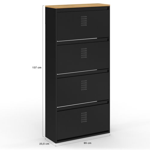 Meuble à Chaussures 24 Paires Maxi Capacité Ester 4 Portes Métal Noir Et Plateau Façon Hêtre Design