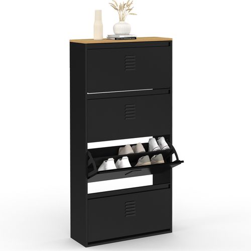 Meuble à Chaussures 24 Paires Maxi Capacité Ester 4 Portes Métal Noir Et Plateau Façon Hêtre Design