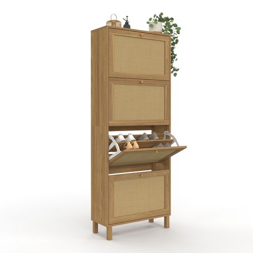 Meuble à Chaussures 24 Paires Hanae 4 Portes Effet Naturel Cannage