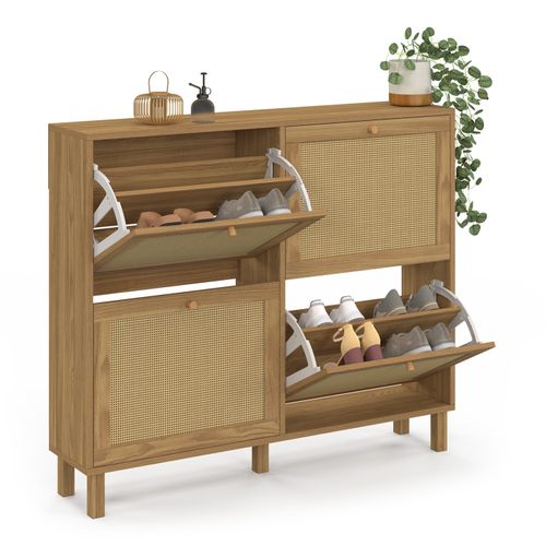 Meuble à Chaussures 20 Paires Hanae 4 Portes Effet Naturel Cannage