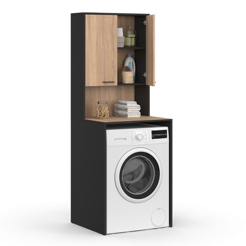 Meuble Dessus De Machine à Laver Wallis Avec Placard Noir Et Bois Façon Hêtre