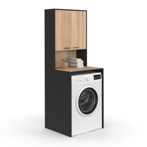 Meuble Dessus De Machine à Laver Wallis Avec Placard Noir Et Bois Façon Hêtre