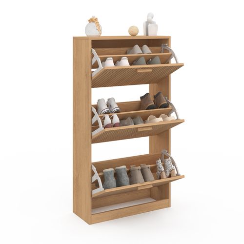 Meuble à Chaussures 18 Paires Juliette 3 Portes Lattes Tasseau Bois Coloris Chêne