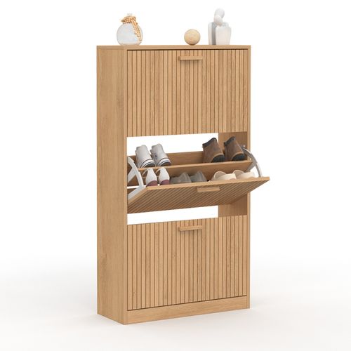 Meuble à Chaussures 18 Paires Juliette 3 Portes Lattes Tasseau Bois Coloris Chêne