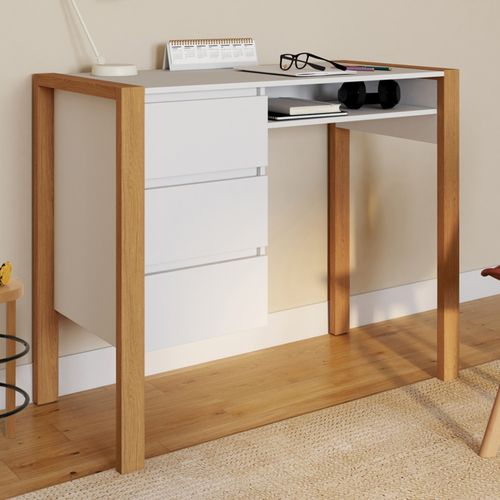 Bureau Scandinave Hugo Avec 3 Tiroirs Et Niche - Blanc Et Bois