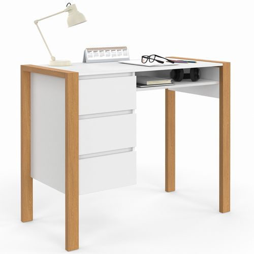Bureau Scandinave Hugo Avec 3 Tiroirs Et Niche - Blanc Et Bois