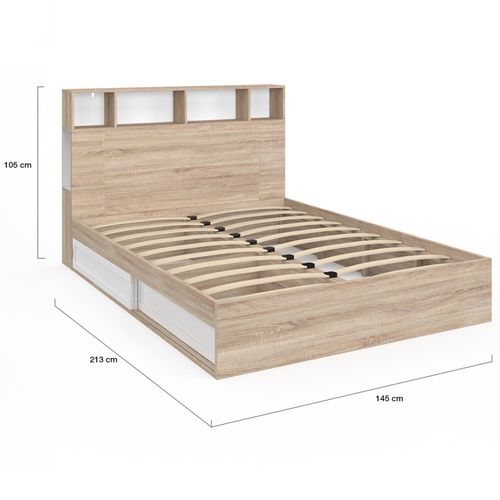 Lit Double Clem Avec Rangements + Tête De Lit Et Sommier 140 X 190 Cm Hêtre Et Blanc