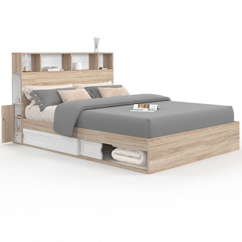 Lit Double Clem Avec Rangements + Tête De Lit Et Sommier 140 X 190 Cm Hêtre Et Blanc