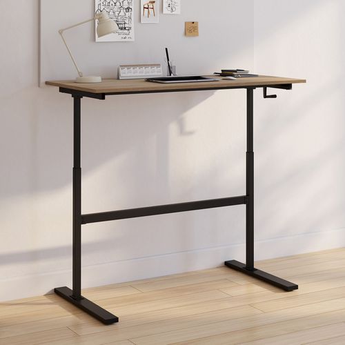 Bureau Droit Jeanne Assis Debout à Manivelle Hauteur Réglable 70 - 120 Cm Bois Façon Hêtre Et Noir