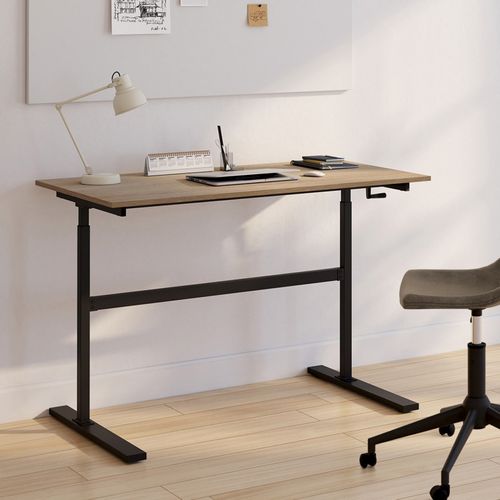 Bureau Droit Jeanne Assis Debout à Manivelle Hauteur Réglable 70 - 120 Cm Bois Façon Hêtre Et Noir