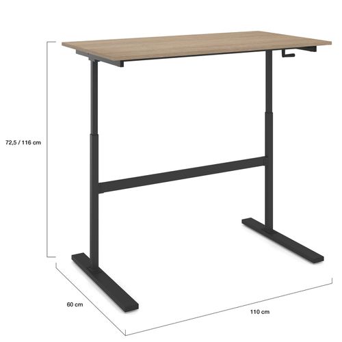 Bureau Droit Jeanne Assis Debout à Manivelle Hauteur Réglable 70 - 120 Cm Bois Façon Hêtre Et Noir