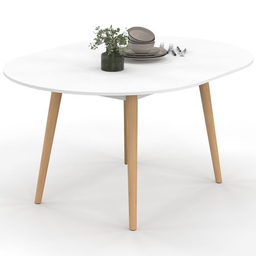 Table à Manger Extensible Ronde Angela 4-8 Personnes Blanc Pied Bois 110 - 150 Cm