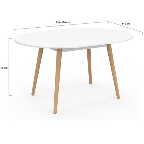Table à Manger Extensible Ronde Angela 4-8 Personnes Blanc Pied Bois 110 - 150 Cm