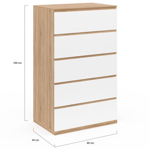 Chiffonnier 5 Tiroirs Tomi 60 Cm Commode Semainier Bois Façon Hêtre Et Blanc