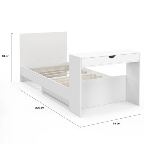 Lit Simple Omaha 90 X 190 Cm Avec Sommier, Tête De Lit, Bureau Et Rangements Blanc