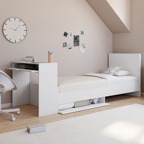 Lit Simple Omaha 90 X 190 Cm Avec Sommier, Tête De Lit, Bureau Et Rangements Blanc