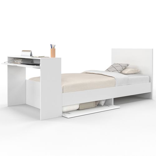 Lit Simple Omaha 90 X 190 Cm Avec Sommier, Tête De Lit, Bureau Et Rangements Blanc