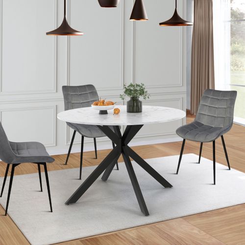 Table à Manger Extensible Ronde Alix 4-8 Personnes Pied Araignée Noir Plateau Effet Marbre Blanc Ala