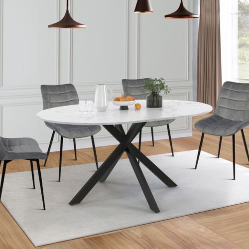 Table à Manger Extensible Ronde Alix 4-8 Personnes Pied Araignée Noir Plateau Effet Marbre Blanc Ala