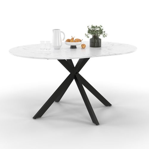 Table à Manger Extensible Ronde Alix 4-8 Personnes Pied Araignée Noir Plateau Effet Marbre Blanc Ala