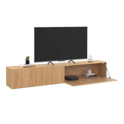 Meuble TV 180 Cm Suspendu Juliette Lattes Tasseau Bois Coloris Chêne