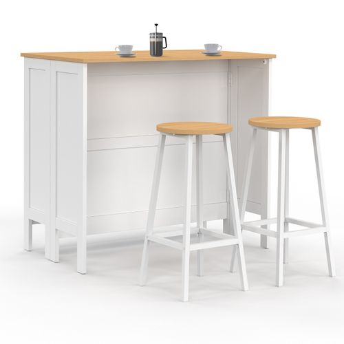 Ensemble Table De Bar Îlot Achille Et 2 Tabourets Bois Blanc Plateau Façon Hêtre