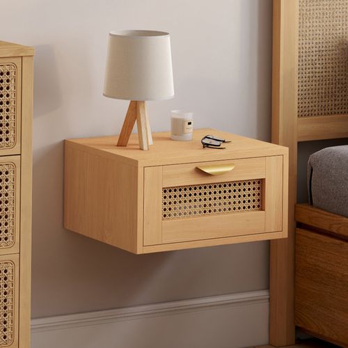 Lot De 2 Tables De Chevet Murales Edhen 1 Tiroir Étagère Suspendue Cannage Et Bois