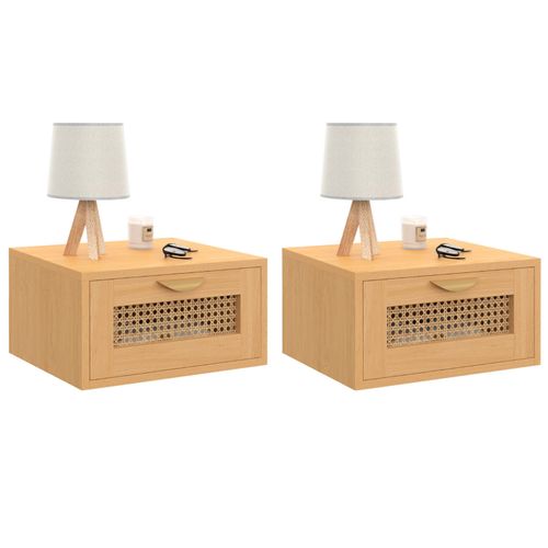 Lot De 2 Tables De Chevet Murales Edhen 1 Tiroir Étagère Suspendue Cannage Et Bois