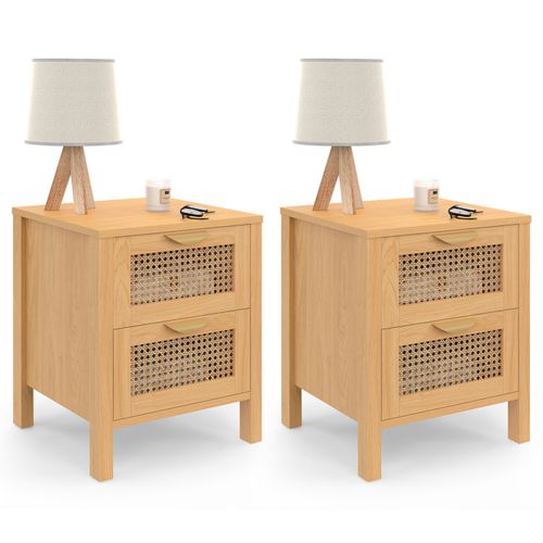 Lot De 2 Tables De Chevet Edhen 2 Tiroirs Cannage Et Bois