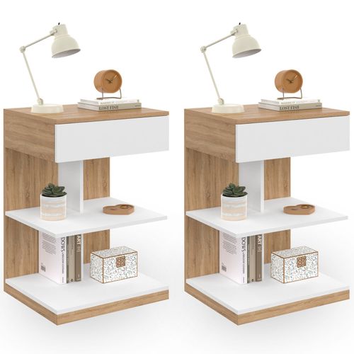 Lot De 2 Tables De Chevet Tomi 1 Tiroir Et 2 Étagères Façon Hêtre Et Blanc